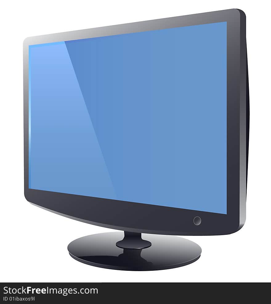 Futuristic silver monitor on white with reflection and blue screen