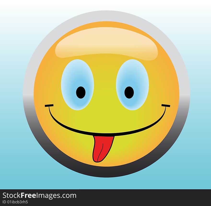 Happy smile button stick out tongue on blue background