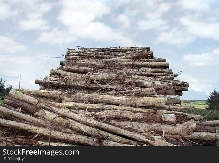 Stacked timber ready for production against a cloudy sky. Stacked timber ready for production against a cloudy sky