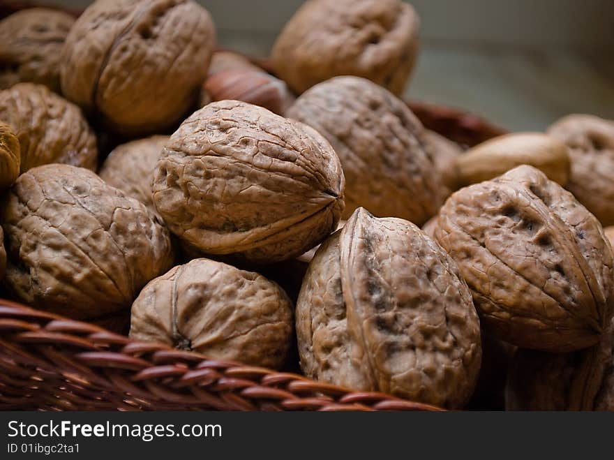 Beautiful nutlets in a brown wattled basket. Beautiful nutlets in a brown wattled basket.