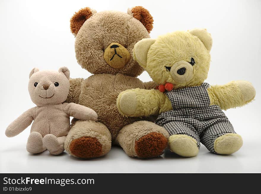 Three teddy bears against white background. Three teddy bears against white background