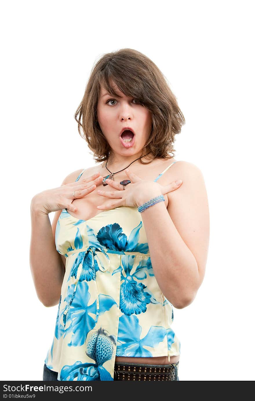 Young surprised woman isolated over white background