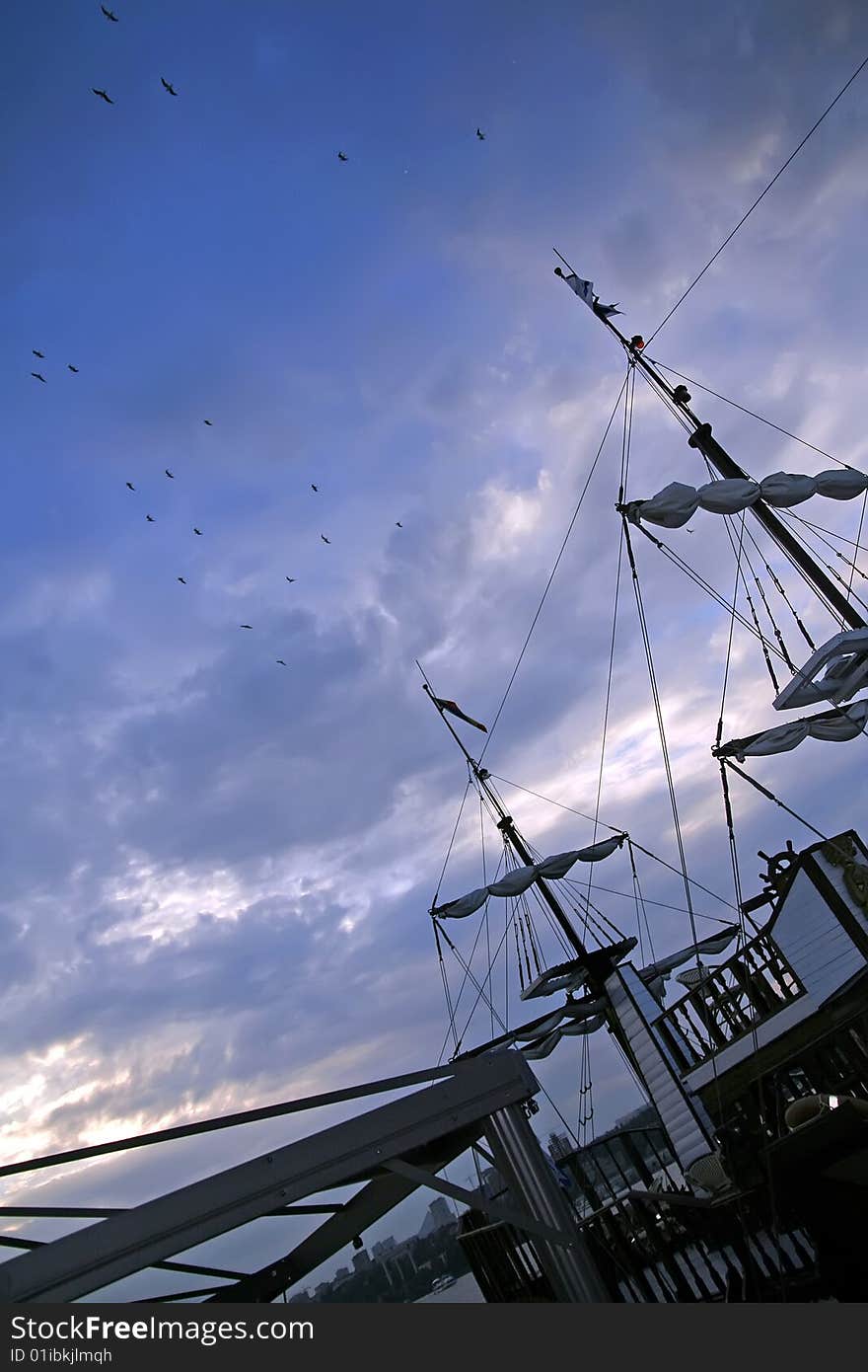 Frigate against a background of blue sky