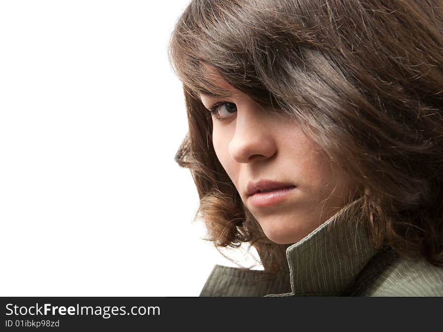 Beautiful young woman look over white