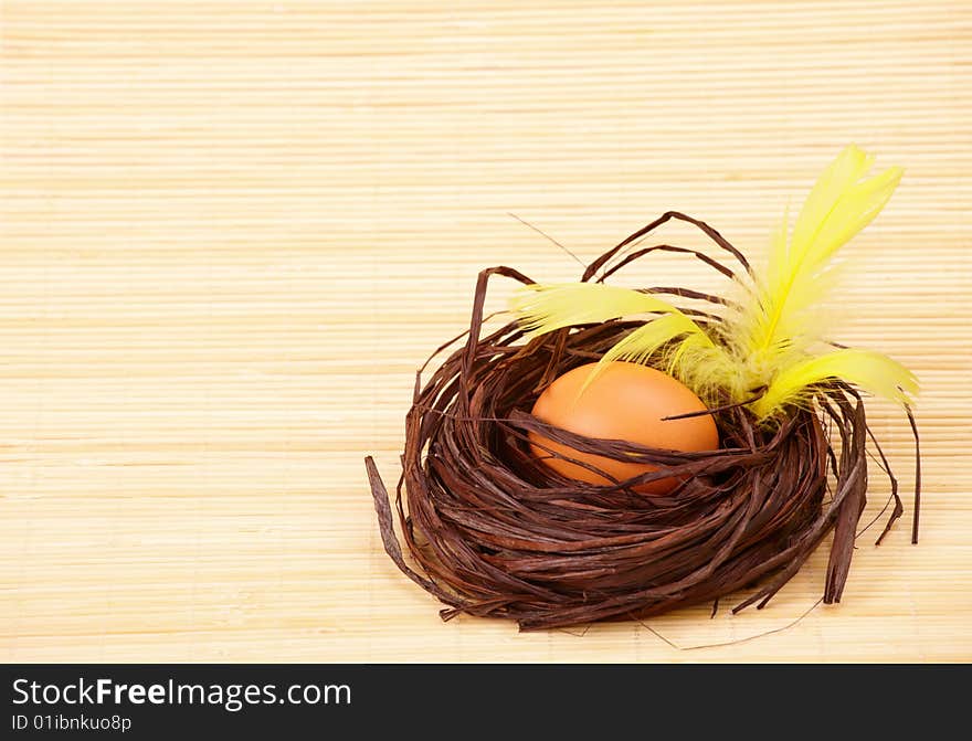 Two eggs in the nest with yellow feathers. Two eggs in the nest with yellow feathers