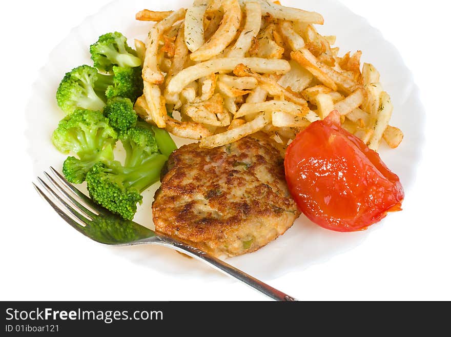 Cutlet with tomato broccoli and potatoes