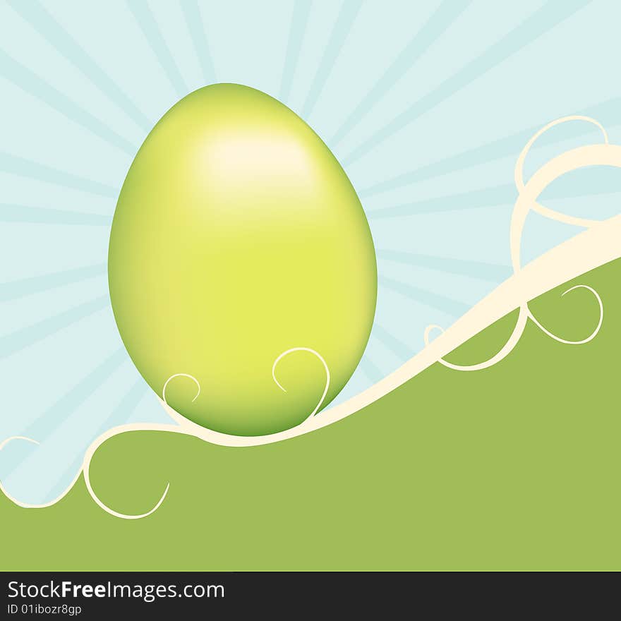 A green easter egg supported by swirling vines on a hill. Pastel green and blue background. A green easter egg supported by swirling vines on a hill. Pastel green and blue background.