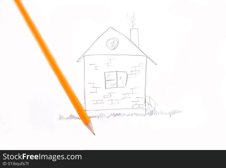 A house is drawn by a pencil