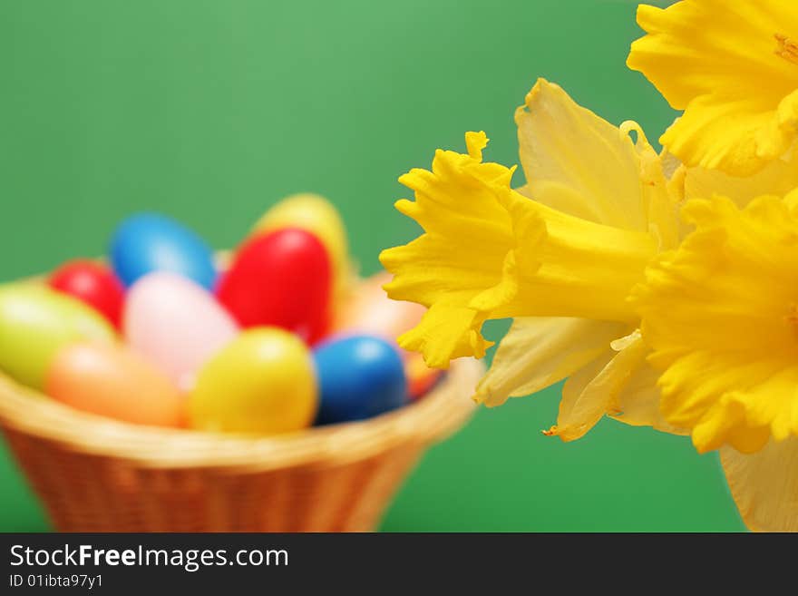 Yellow narcissuses and basket with easter eggs. Yellow narcissuses and basket with easter eggs