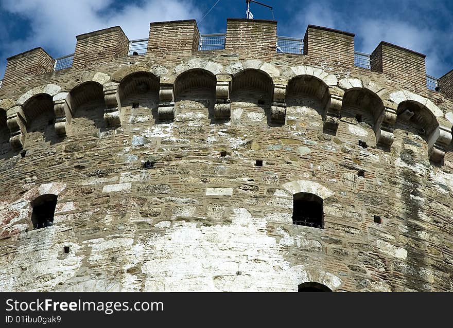 Part of White tower, the landmark monument of Thessalonica city in Greece