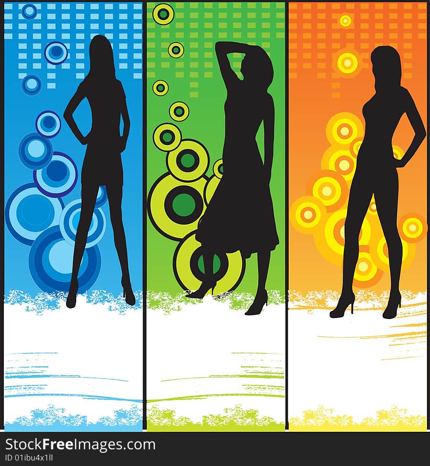 Three women silhouettes on colorful background