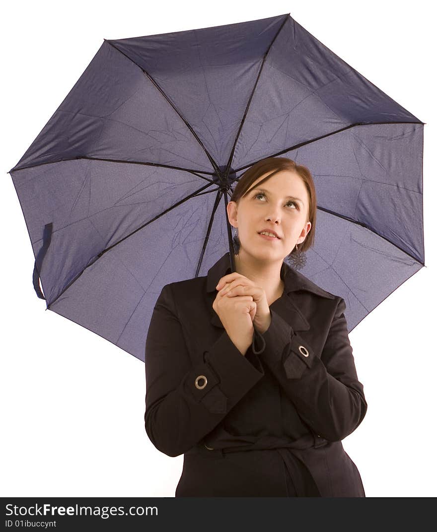 Woman with umbrella on a white background