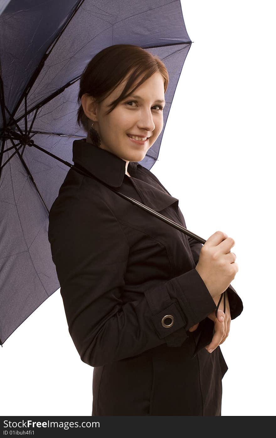 Woman with umbrella on a white background