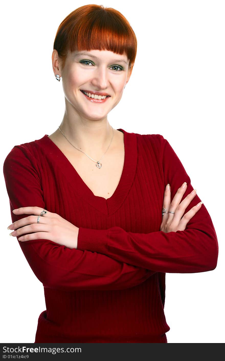 Young beauty redhaired girl on white background