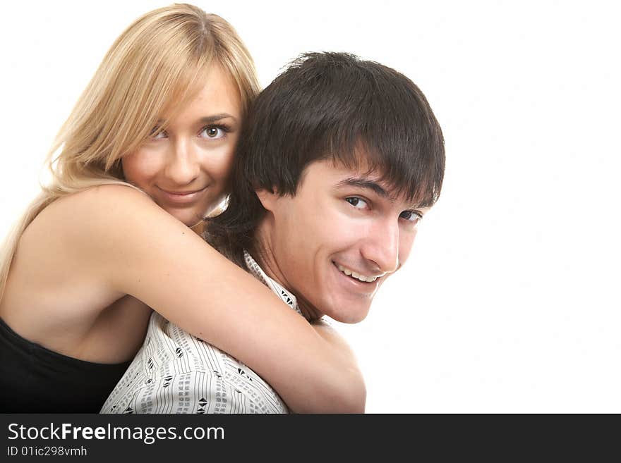 Young couple man and woman on white background