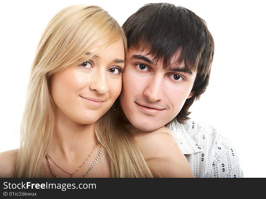 Young couple man and woman on white background