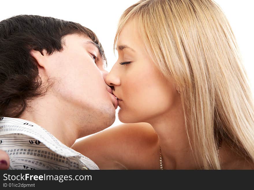 Young couple man and woman on white background