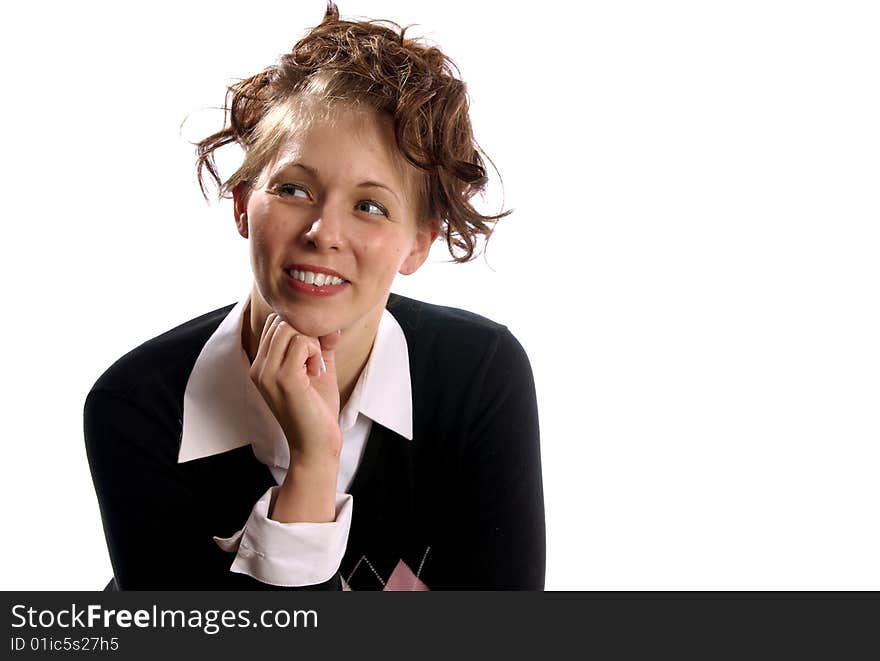 Female Model Looking of to the right in Business Attire with chin resting on her hand. Female Model Looking of to the right in Business Attire with chin resting on her hand