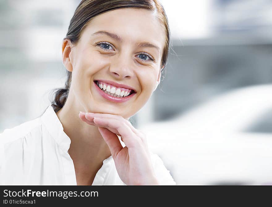 Close up portrait of pretty young woman on color back. Close up portrait of pretty young woman on color back