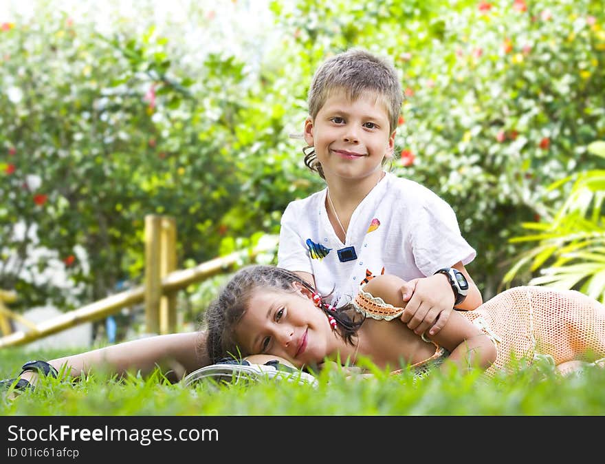 Portrait of little kids having good time in summer environment. Portrait of little kids having good time in summer environment