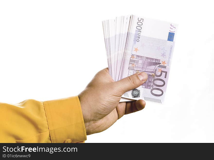 Men hand in orange shirt with banknotes. Men hand in orange shirt with banknotes