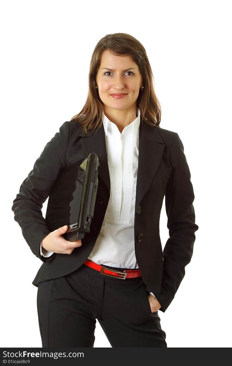 Portrait of a beautiful business woman holding laptop. Isolated on white background