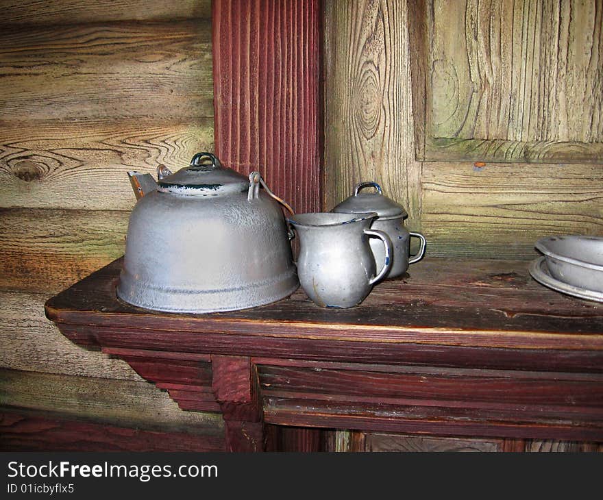 Antique teapots in an old house