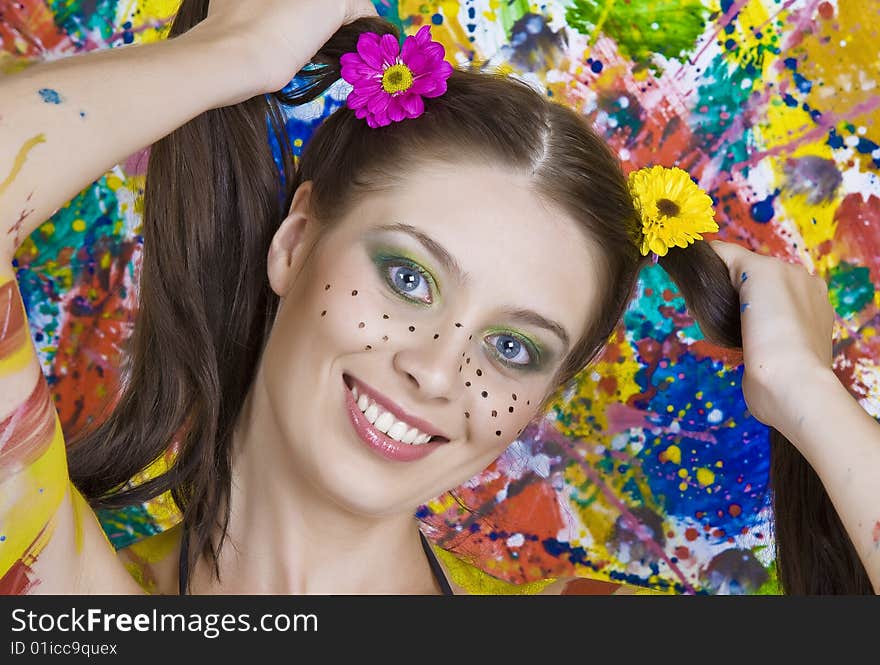 Portrait of young attractive woman on colored background. Portrait of young attractive woman on colored background