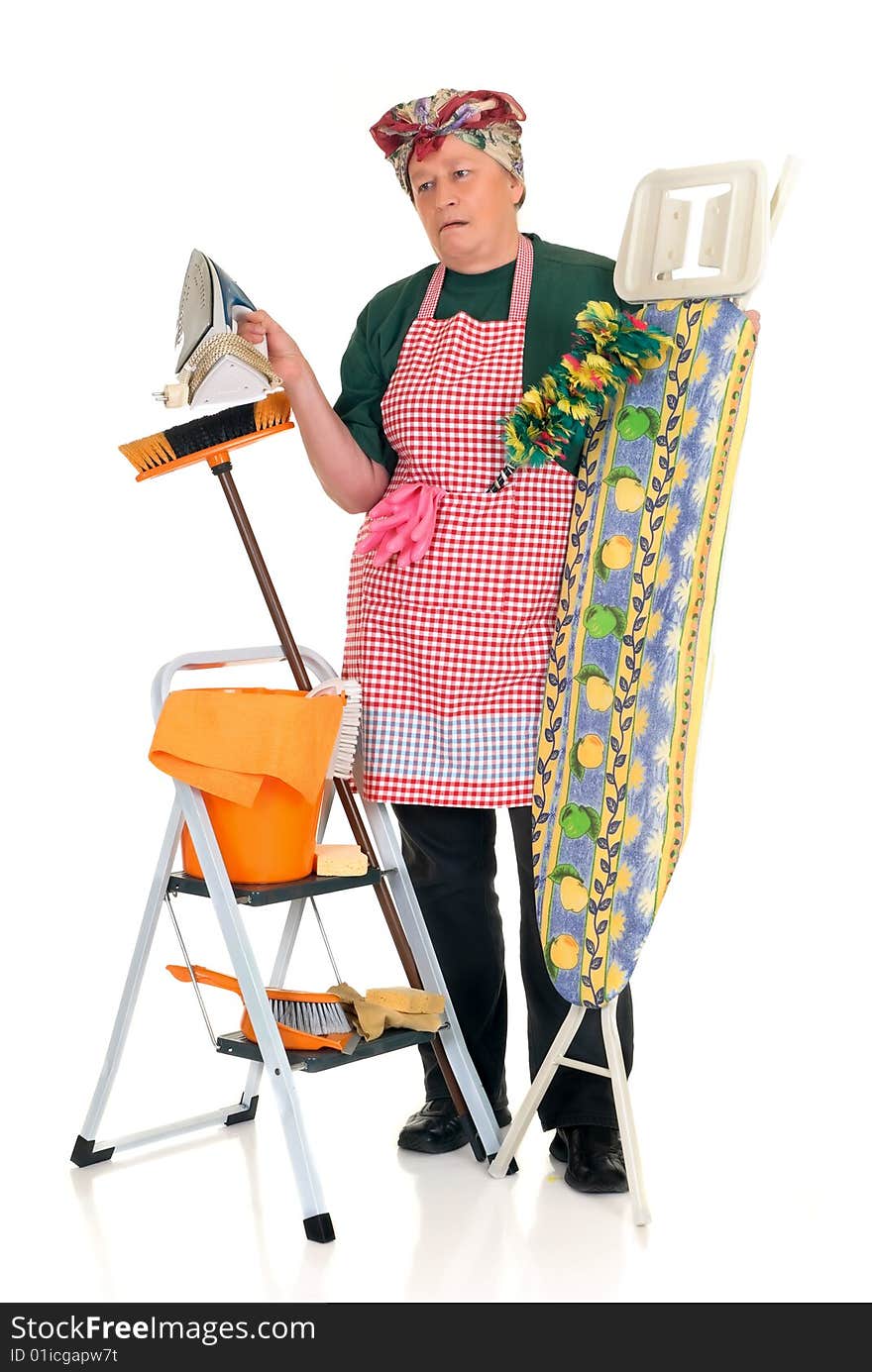 Middle-aged housewife with ironing-board and ladder with cleaning products for daily household. Middle-aged housewife with ironing-board and ladder with cleaning products for daily household.