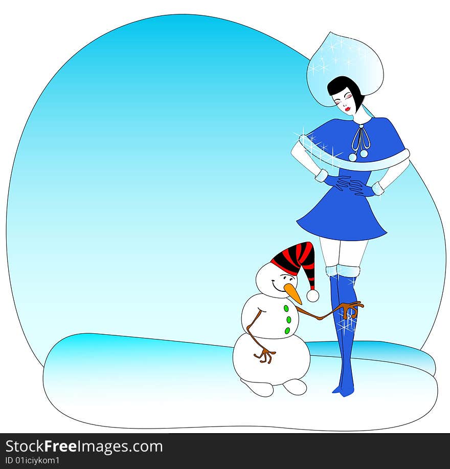 Beautiful Snow Maiden and comical snowball