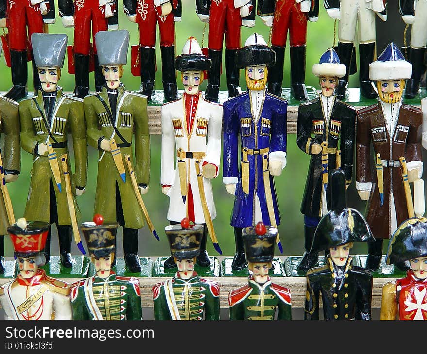 Soldiers, toys, Cossacks, Russians, Napoleonic era, pottery, colored, lined up on display. Soldiers, toys, Cossacks, Russians, Napoleonic era, pottery, colored, lined up on display