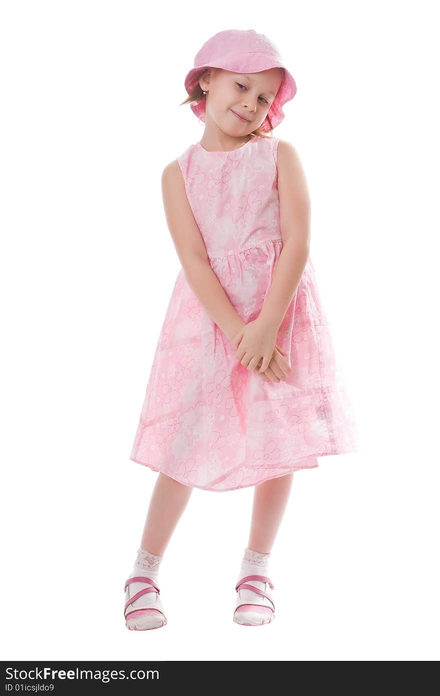 Girl in a pink dress and a hat isolated on a white background. Girl in a pink dress and a hat isolated on a white background