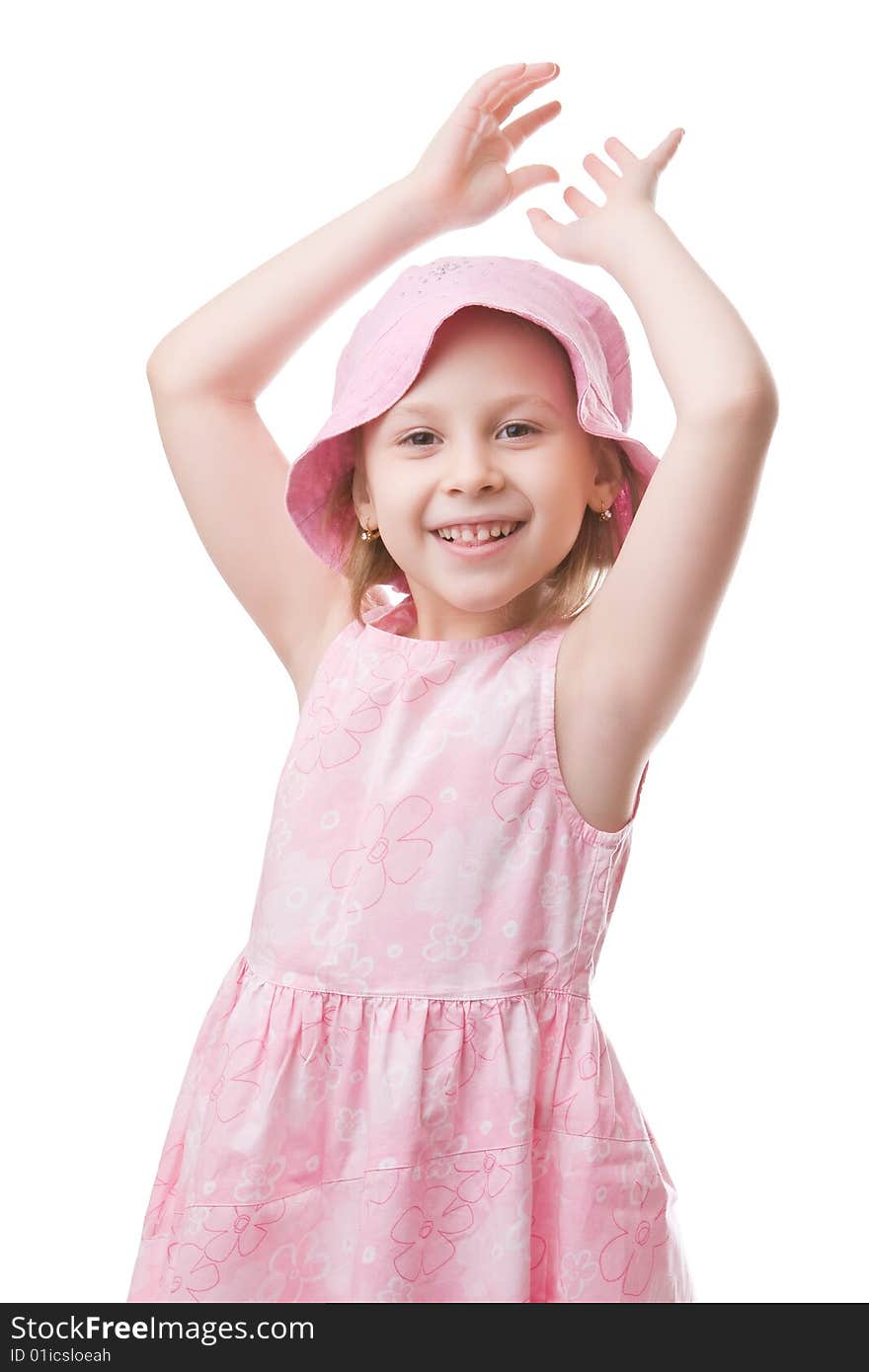 Girl in a pink dress and a hat isolated on a white background. Girl in a pink dress and a hat isolated on a white background