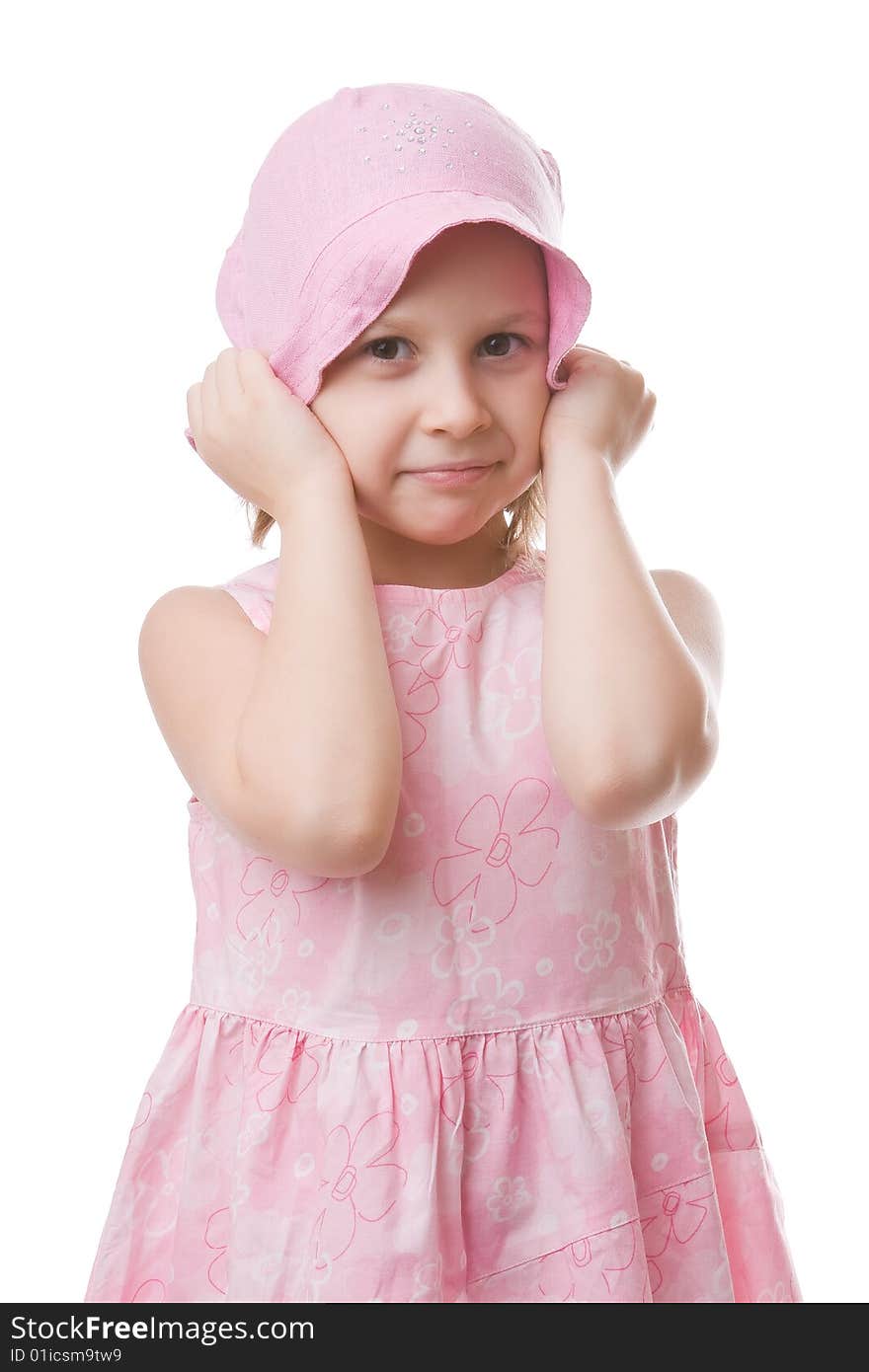 Girl in a pink dress and a hat isolated on a white background. Girl in a pink dress and a hat isolated on a white background