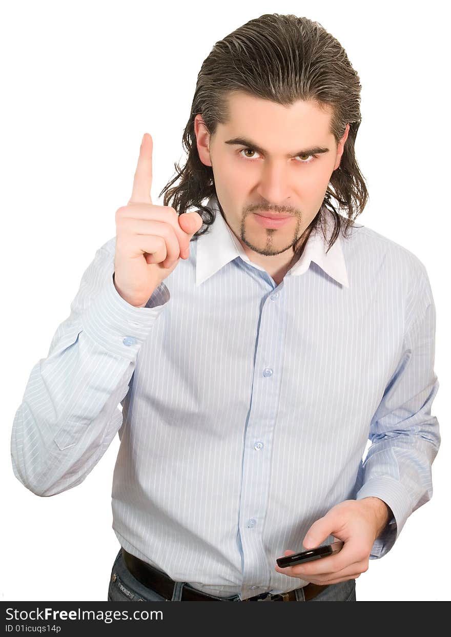 Young dark haired caucasian man in light blue striped shirt looking sternly and shaking his finger isolated on white. Young dark haired caucasian man in light blue striped shirt looking sternly and shaking his finger isolated on white