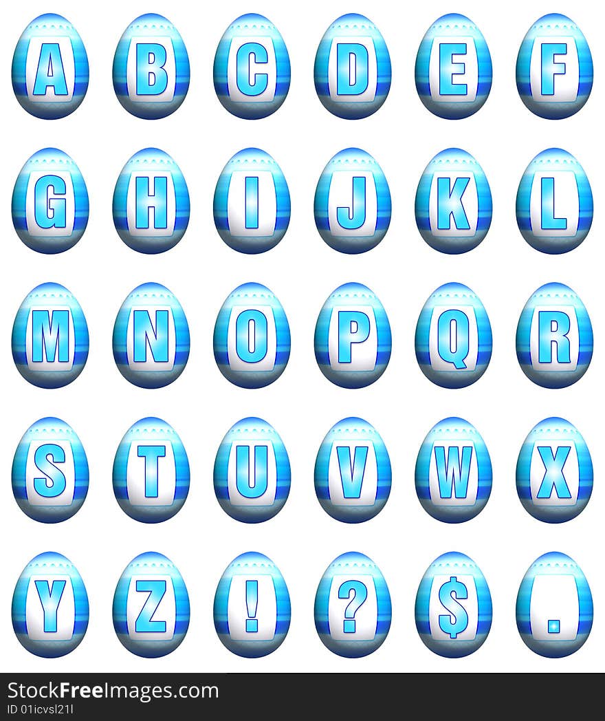 Blue 3d rendered Easter eggs with the letters of the alphabet on them. Blue 3d rendered Easter eggs with the letters of the alphabet on them.