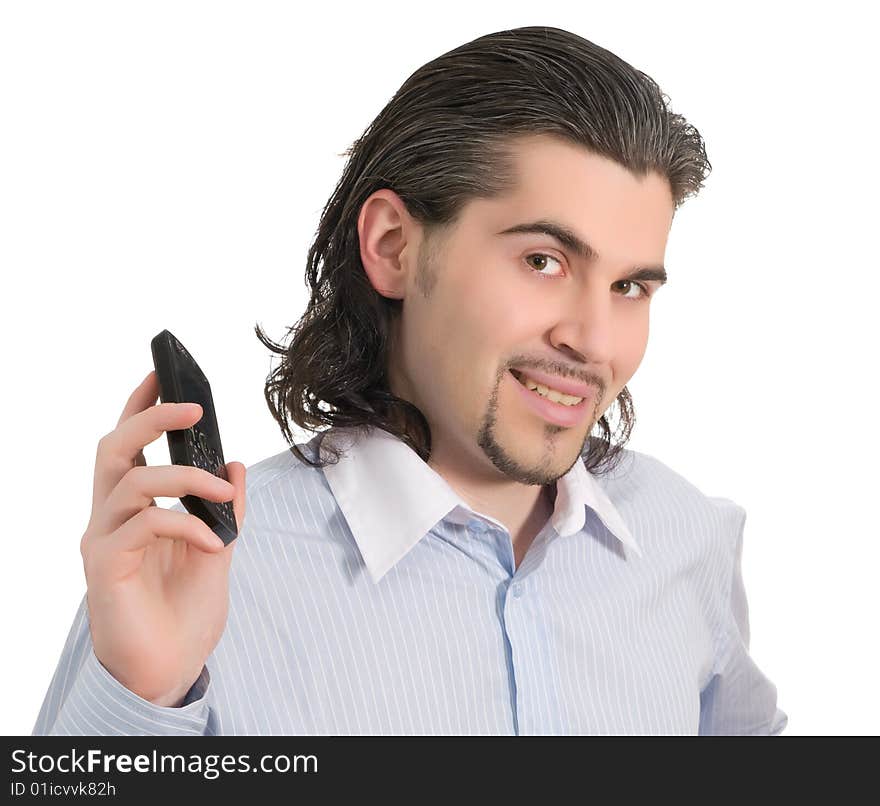 Young dark haired caucasian man in light blue striped shirt isolated on white. Young dark haired caucasian man in light blue striped shirt isolated on white