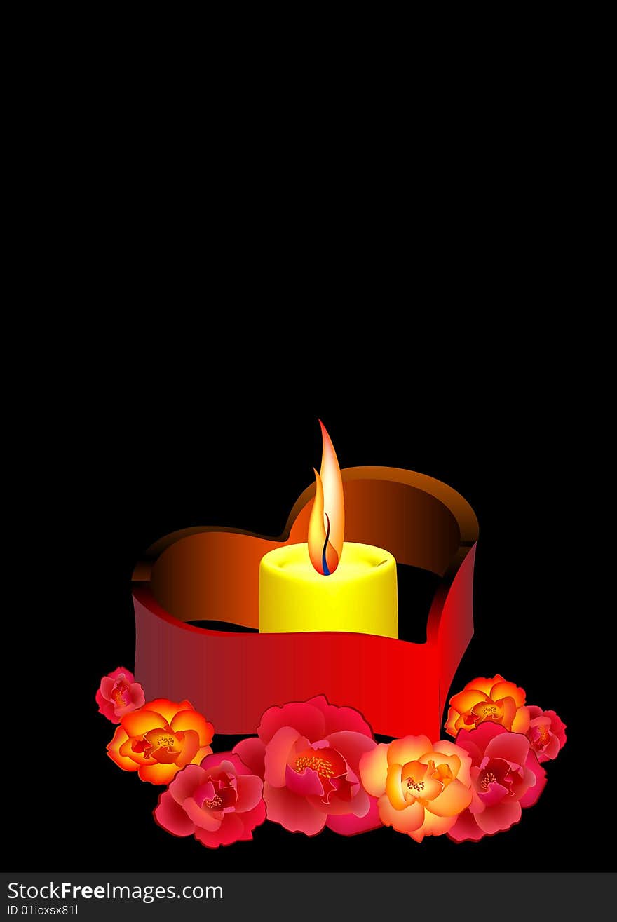 Candle in roses on a black background