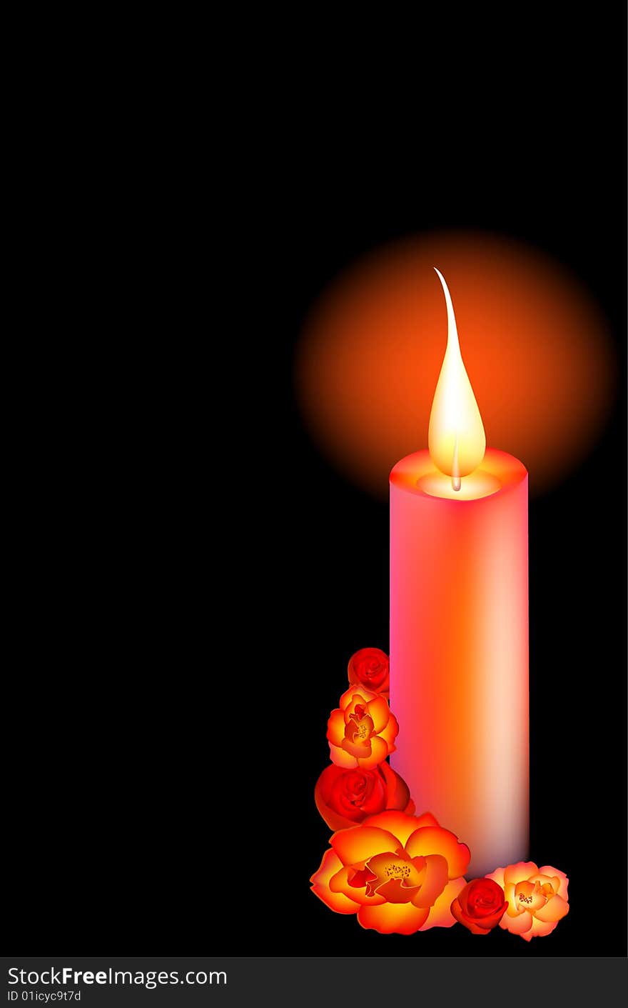 Candle in roses on a black background