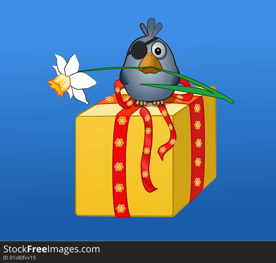 Pirate sparrow with flower and present