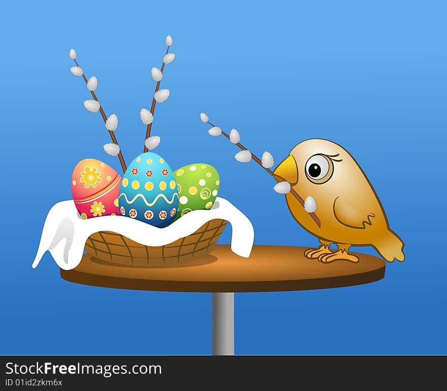 Yellow birdie with easter eggs