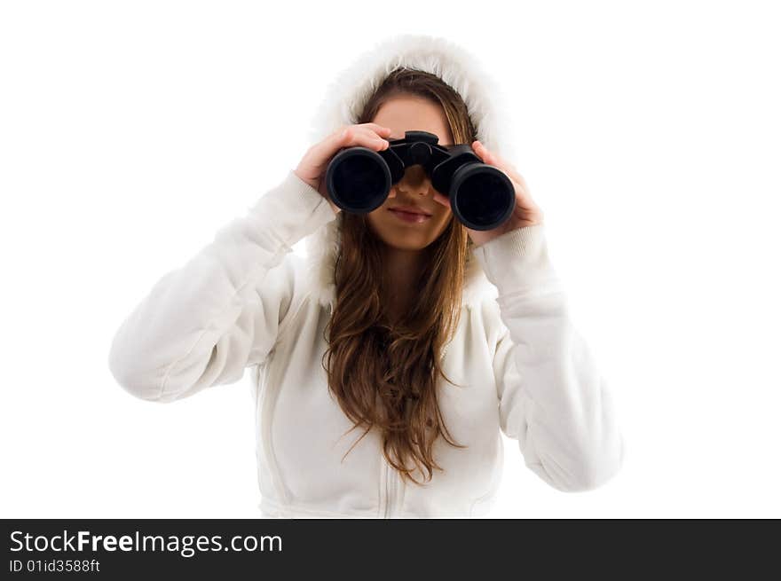 Female looking through binocular with white background