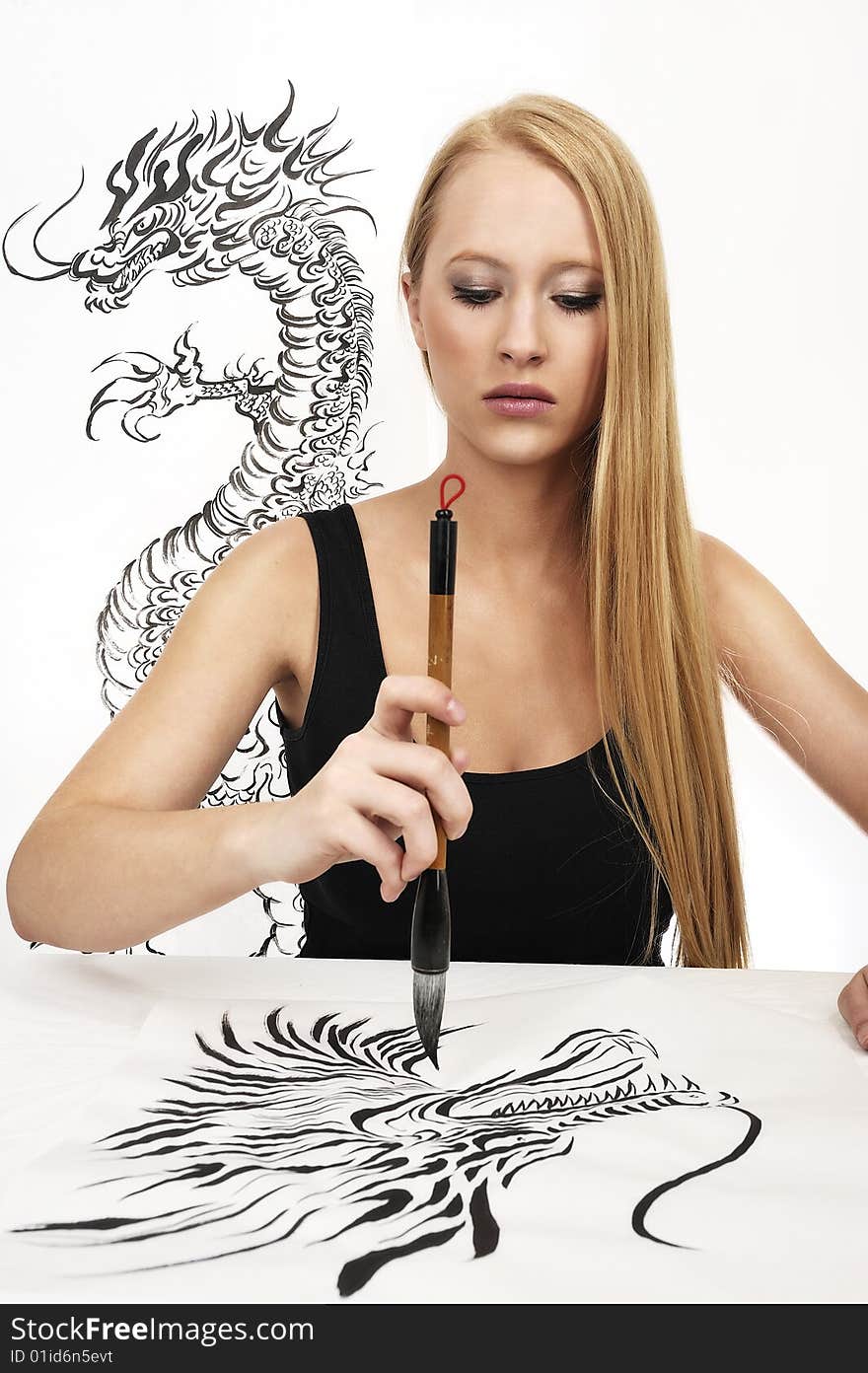 Blond woman design Chinese Calligraphy: DRAGON