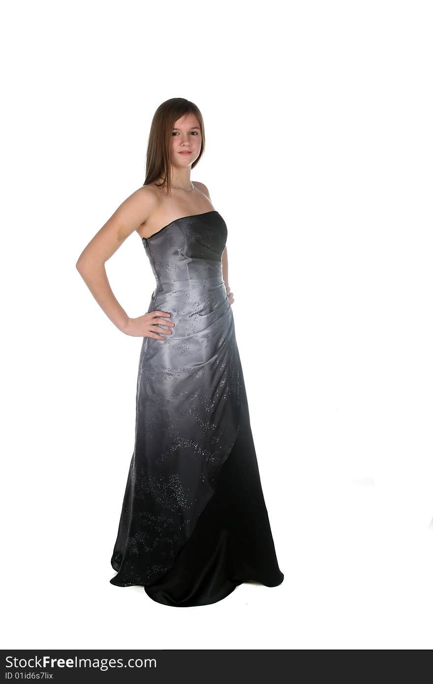 Beautiful teen in floor length dark glittery gown