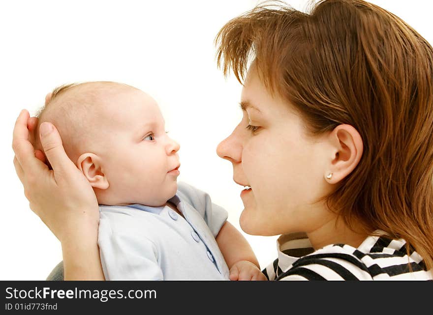 Mother and baby over white