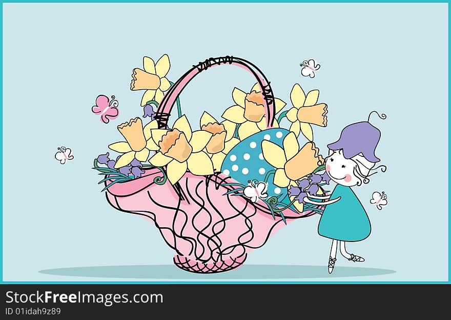 Vector illustration of girl decorating easter basket.