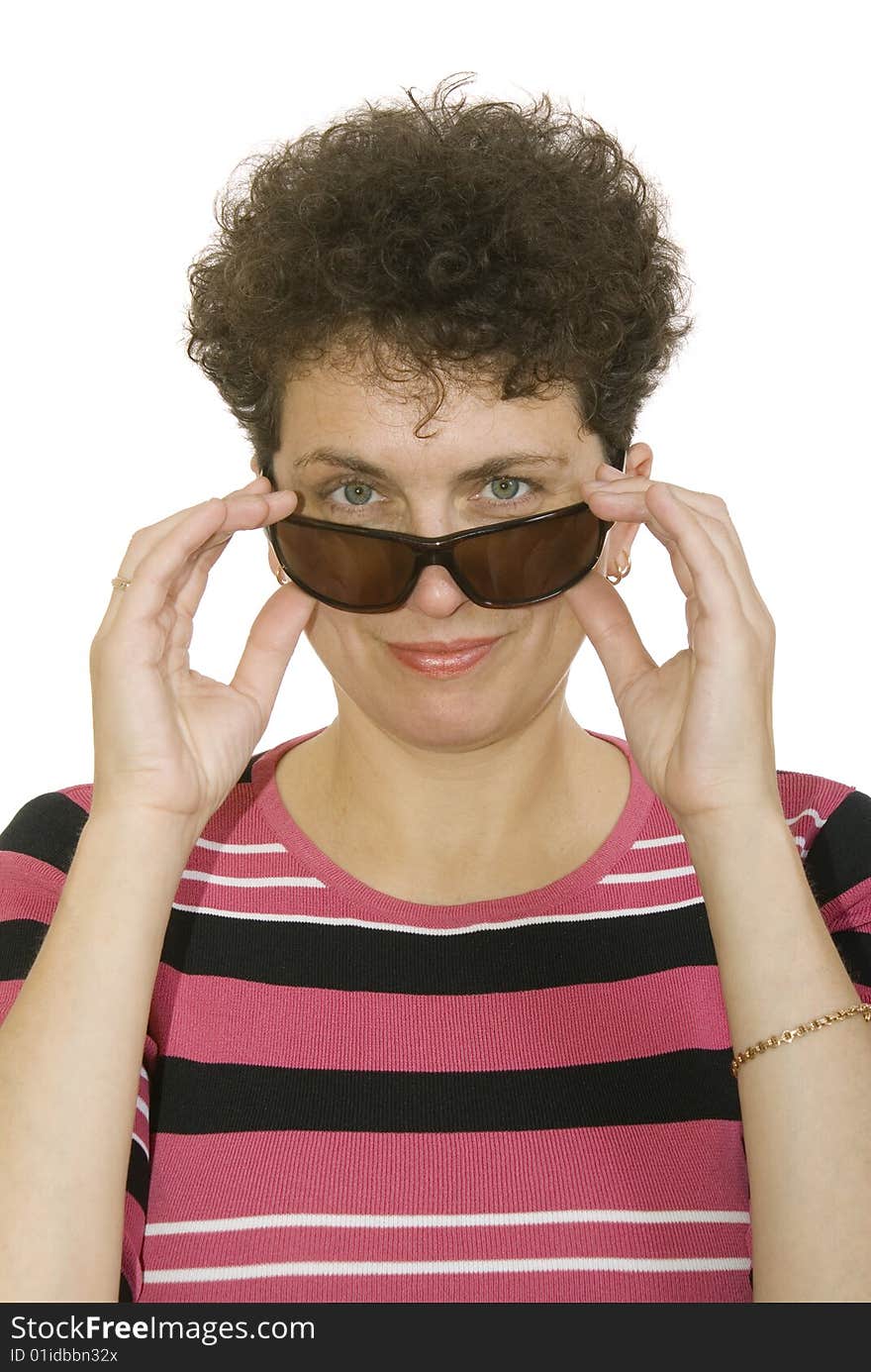 Curly woman with spectacles on white background