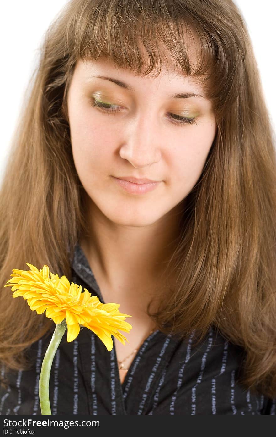 Portrait of beautiful girl with flower isolated on white. Portrait of beautiful girl with flower isolated on white