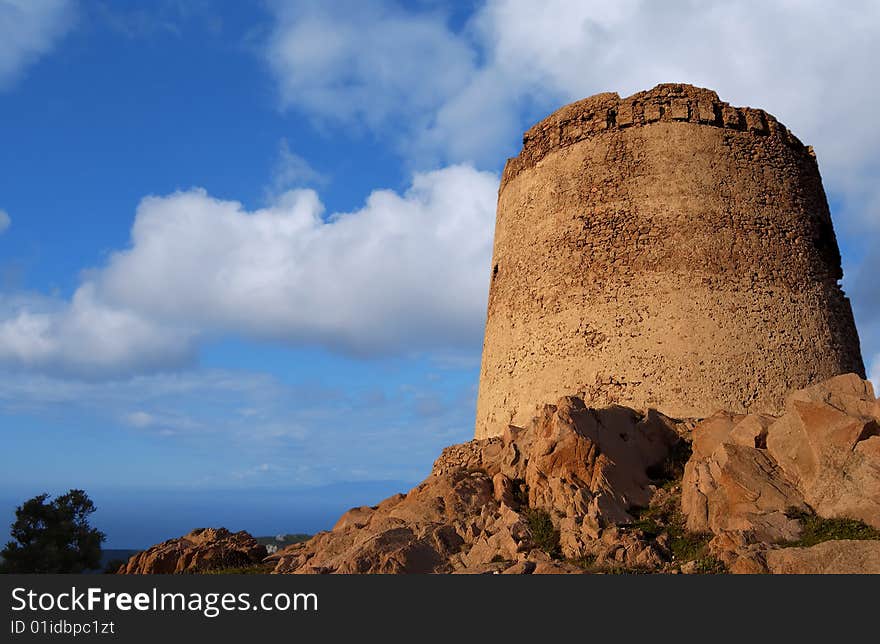 Medieval Tower on wonderful blue sky. Sardinia