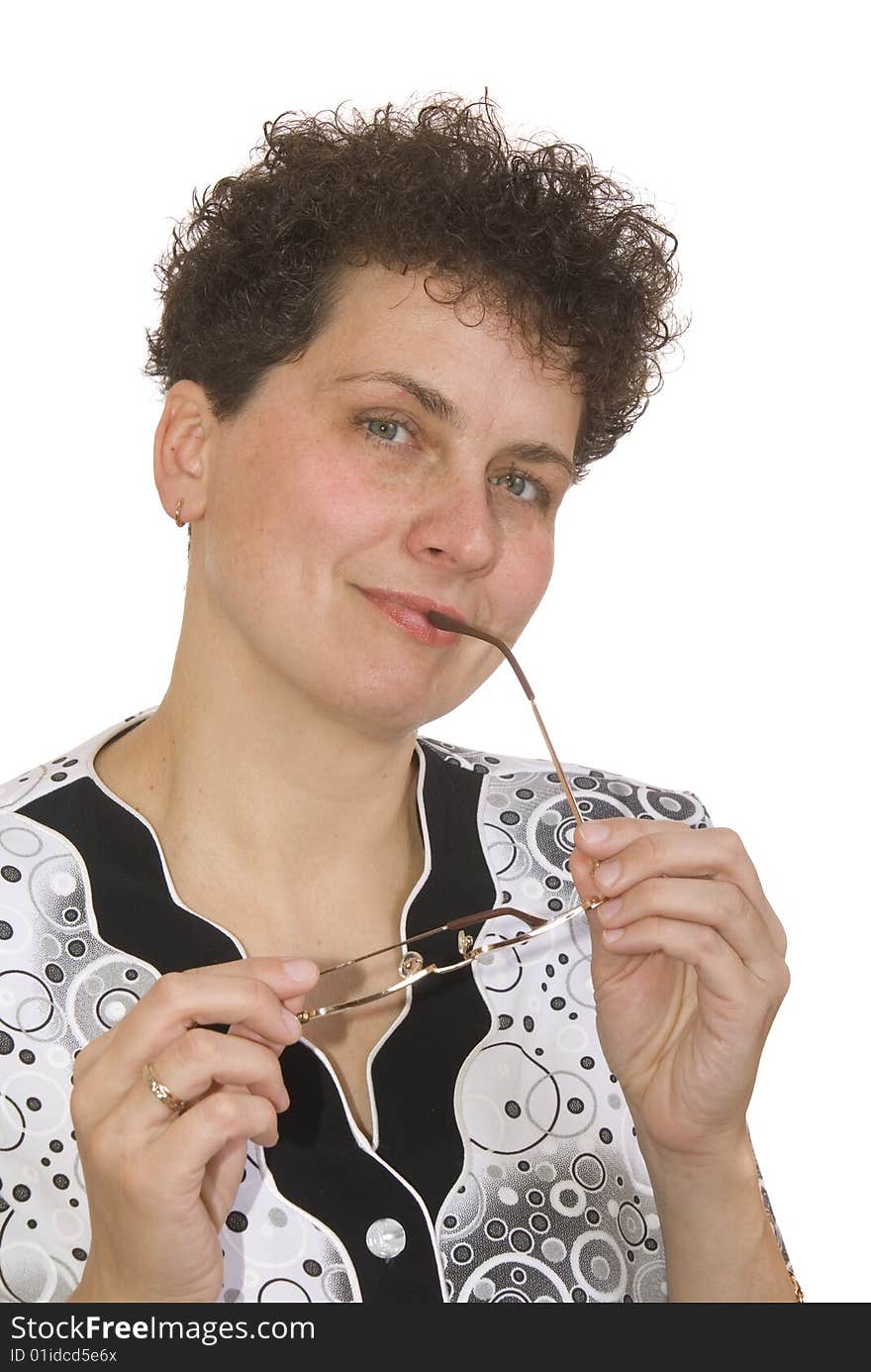 Curly woman with spectacles on white background